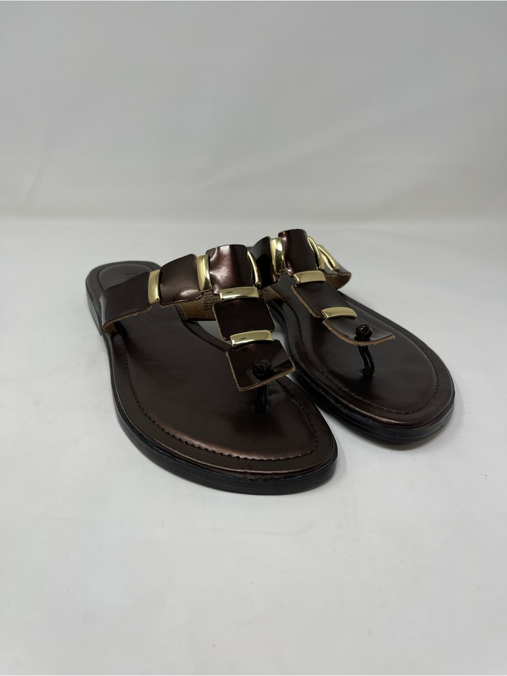 MIA Brown Leather T-Strap Sandals with Gold Hardware